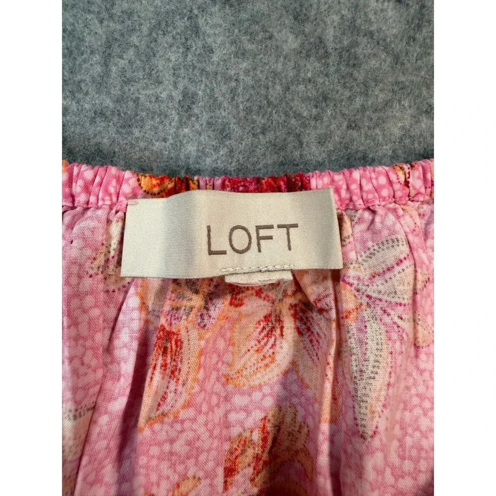LOFT Pink Floral Smocked Peplum Blouse Puff Sleeve Square Neck Top Womens